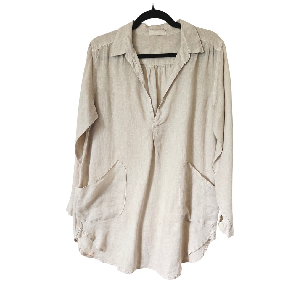 CP Shades Women XS Oatmeal Beige 100% Linen Oversized V-Neck Tunic Top Coastal